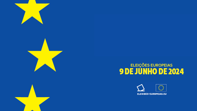 Imagem em formato horizontal. Fundo azul apresentando à esquerda três estrelas a amarelo (duas dessas estrelas apenas parcialmente visíveis). Em texto: Eleições Europeias 9 de junho de 2024. Grafismo da União Europeia e, em rodapé, indicação do sítio eleicoes-europeias.eu