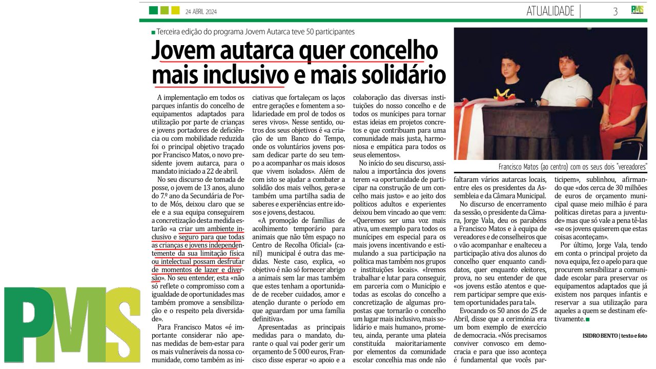 Cópia parcial da página 3 do jornal “O Portomosense” de 24 de abril de 2024. Notícia (referida no link) acompanhada de uma fotografia com três crianças.