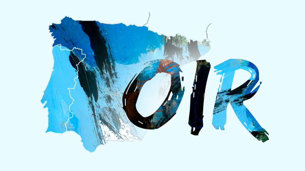 Logótipo do OIR. Imagem estilizada da Península Ibérica com sobreposição das letras OIR em tons de azul.