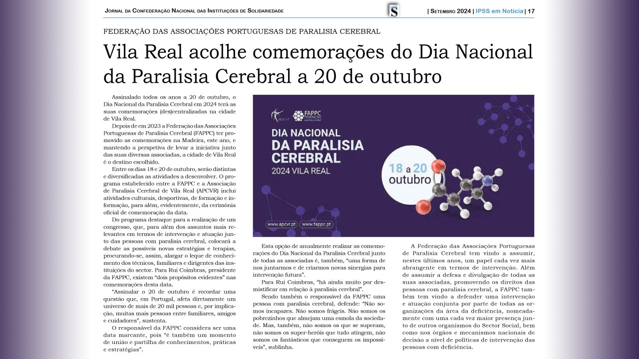 Cópia de parte da página 17 do jornal “Solidariedade”. Notícia sobre o Dia Nacional da Paralisia Cerebral. Além do texto (referido no link da publicação), a notícia segue acompanhada de imagem do cartaz do evento.